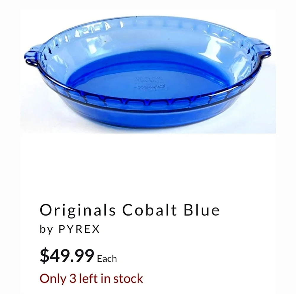 Vtg Pyrex Originals Cobalt Blue 9 1/2" Glass Pie Baking 🥧 Dish 🇺🇸 - Picture 2 of 6